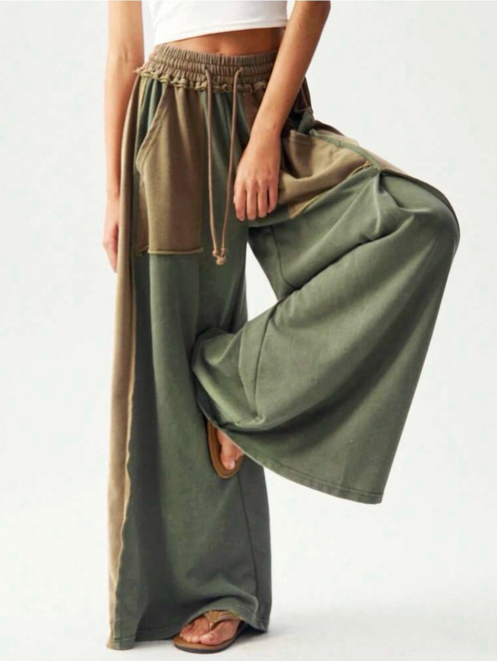 Wide-Leg Olive Green Pants with Drawstring Waist